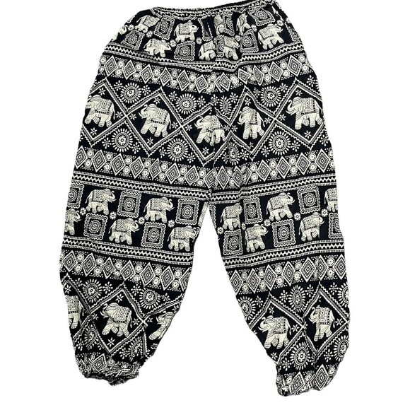 Elephant Harem Pants Phone‎ Pocket Elastic Drawstring Waist Black Cream XL Boho - Picture 1 of 5